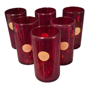 Late 20th Century Hand Crafted in Mexico Red Art Glass Tumblers Water Ice Tea Glasses - Set of Six
