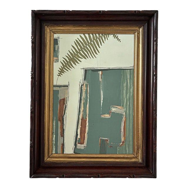 “Cabin Fern" Green Abstract Art in Antique Frame, Transitional Living Room Art by JTS For Sale