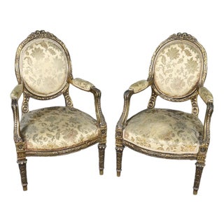 Pair Louis XVI Gilt Frame Upholstered Armchairs For Sale