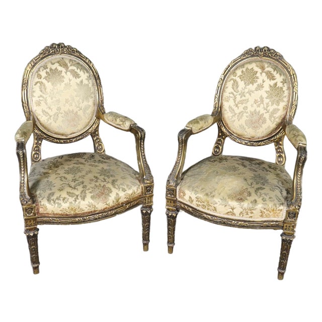 Pair Louis XVI Gilt Frame Upholstered Armchairs For Sale