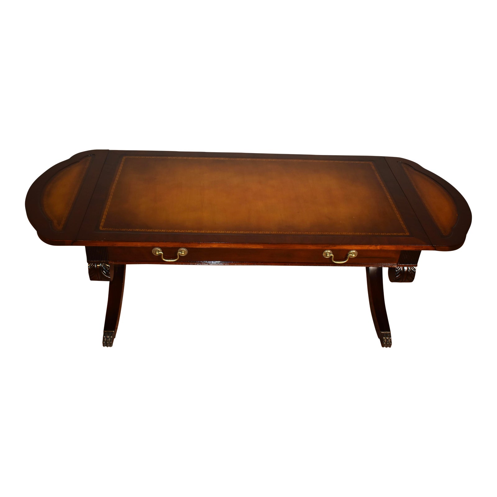 1910s Antique English Regency Mahogany Leather Top Drop Leaf Coffee