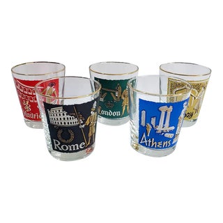 1960's Libbey International Cities of the World Double Old Fashion Glasses Set of 5 For Sale