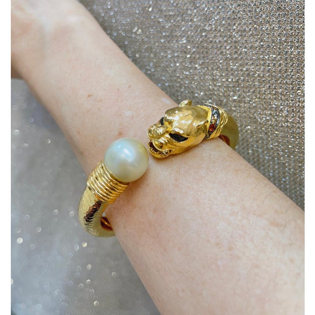 Late 20th Century Bochic "Orient" Vintage Ruby, Pearl & Sapphire Dragon Bangle Set 18K Gold & Silver For Sale - Image 5 of 7