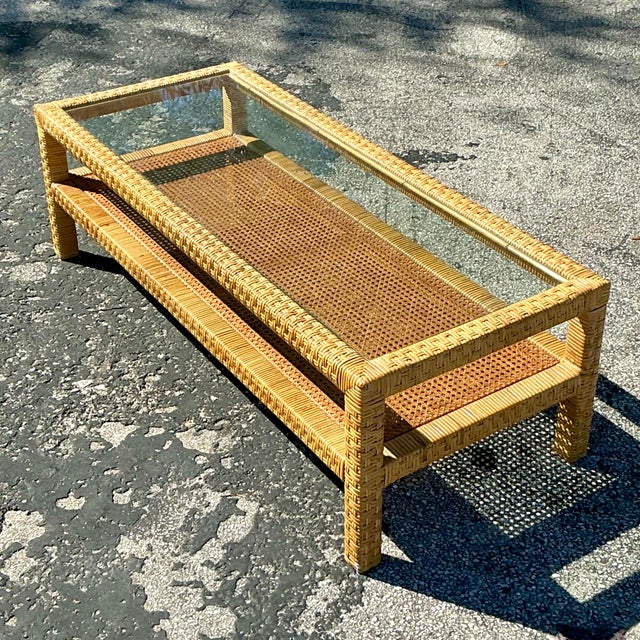 Boho Chic Vintage Costal Woven Rattan Coffee Table For Sale - Image 3 of 6