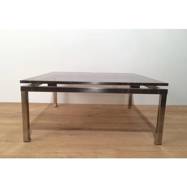 Silver Guy Lefevre, Brushed Steel Square Coffee Table, circa 1970 For Sale - Image 8 of 12