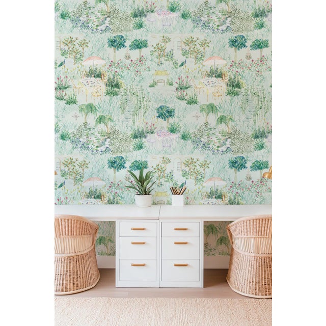 Shabby Chic Mahjong Garden Party Toile Grasscloth Wallpaper by House Party | 8 Yards For Sale - Image 3 of 9
