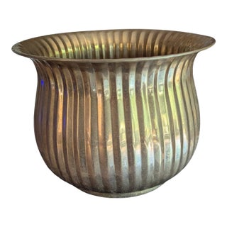 Large Vintage Solid Brass Fluted Cachepot Planter For Sale