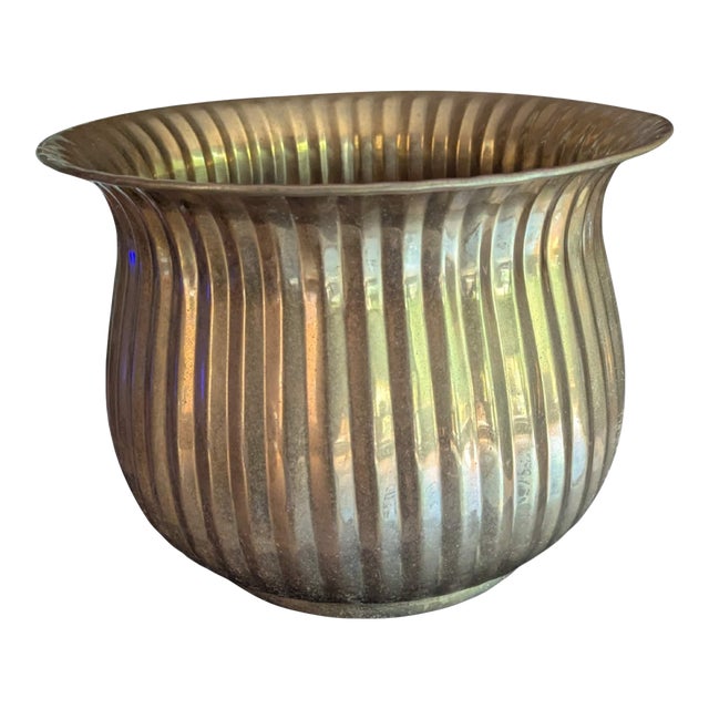 Large Vintage Solid Brass Fluted Cachepot Planter For Sale