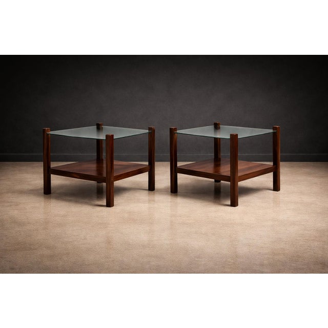 Brazilian Modern Pair of Square Side Tables in Rosewood and Glass, Brazil, 1960s For Sale In New York - Image 6 of 7