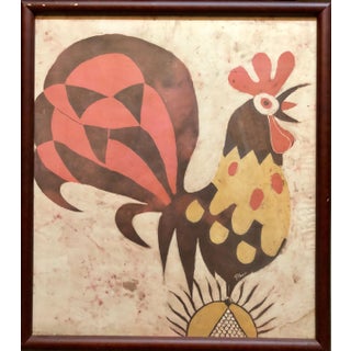Jacob Pins, German Israeli Expressionist "Rooster" Batik Style Painting Print on Silk Fabric For Sale