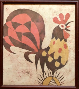 Jacob Pins, German Israeli Expressionist "Rooster" Batik Style Painting Print on Silk Fabric