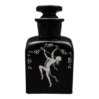 Bohemian Mary Gregory Enamel Black Amethyst Art Glass Bottle For Sale