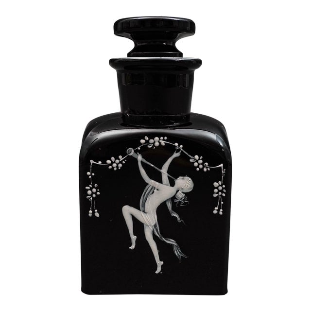 Bohemian Mary Gregory Enamel Black Amethyst Art Glass Bottle For Sale