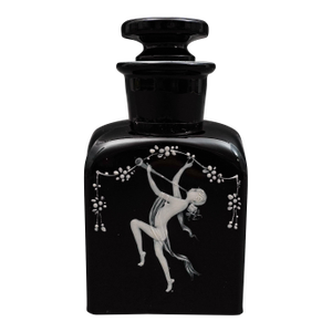 Bohemian Mary Gregory Enamel Black Amethyst Art Glass Bottle