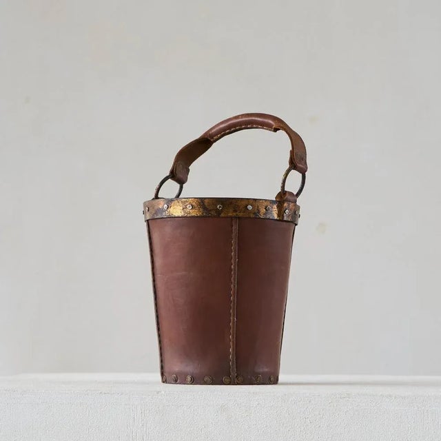 Mid Century Bucket or Basket in Leather and Metal. Wonderful mid century bucket / waste paper basket / paper roll basket...