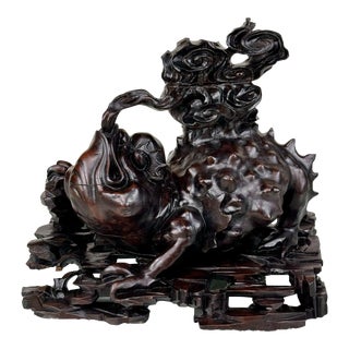 Antique Chinese Rosewood Toad-Form Dragon Carved Sculpture For Sale