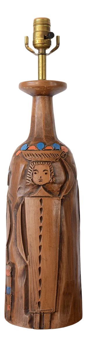 Mid Century Modern Ceramic Faux Wood Carving Table Lamp
