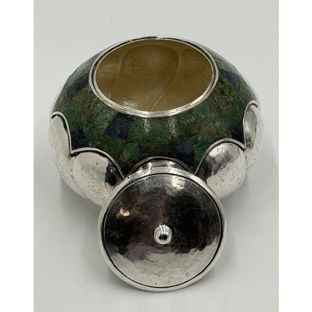Silver Los Castillo Taxco Silver Plate & Malachite Lidded Bowl, Mexico 1960s For Sale - Image 8 of 18