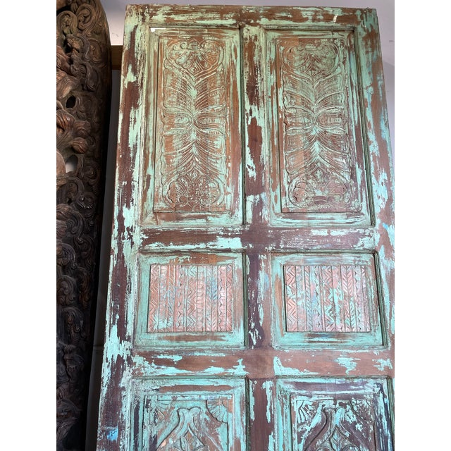 1920s Vintage Hand-Carved Door Panel in Distressed Green | Rustic Farmhouse Architectural Statement 96 For Sale - Image 5 of 5
