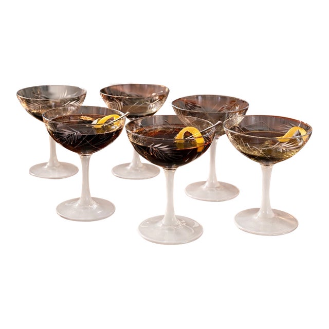 1930s Art Deco Opaline Champagne Coupes – Set of 6 Etched Smoke Glass Cocktail Glasses For Sale