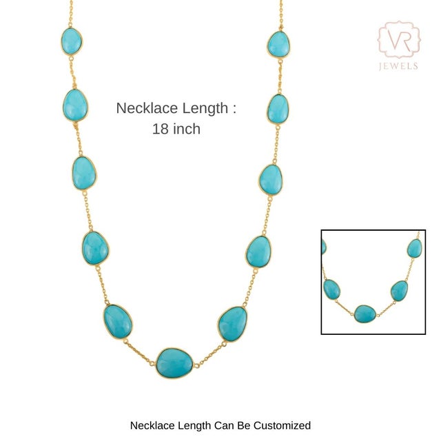 Boho Chic Style 24.26 Ct Turquoise Cabochon Station Necklace in 14k Gold For Sale - Image 10 of 14