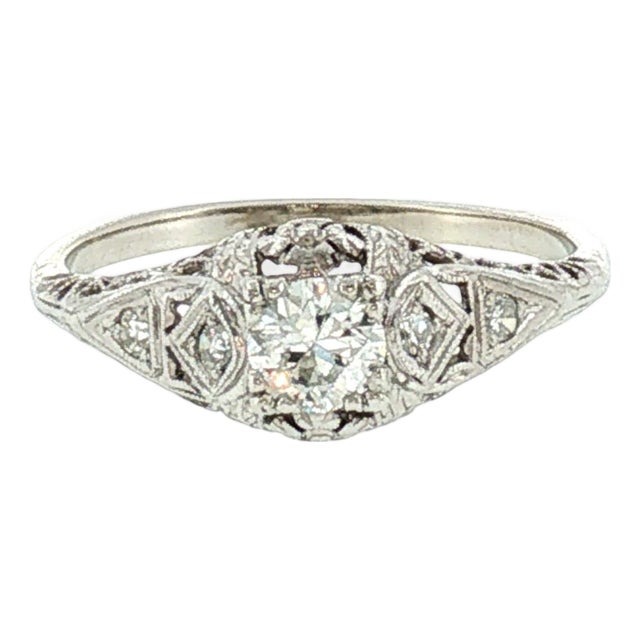 1930's Platinum and 14k .34 Carat Old European Cut Diamond Filigree Ring, Size 7.5 For Sale