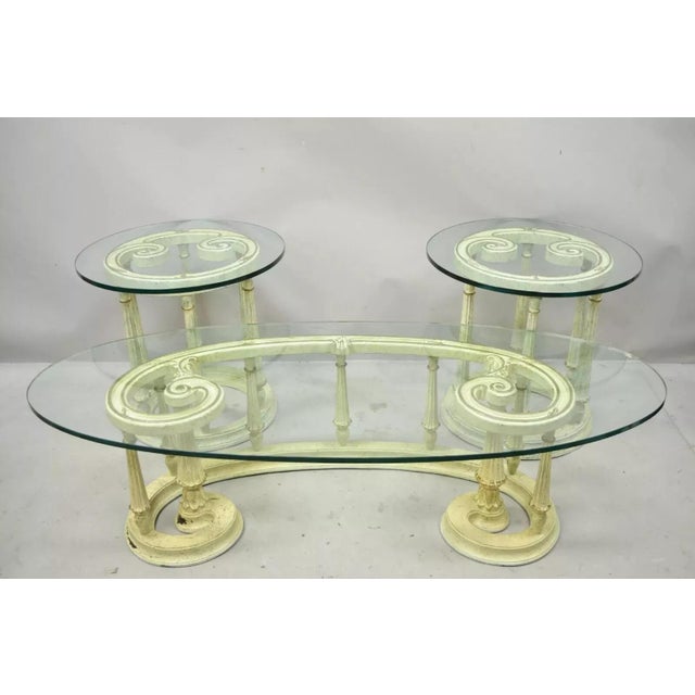 Italian Provincial Scrollwork Snail Glass Top Wooden Coffee Table Set - 3 Pc Set For Sale - Image 12 of 12