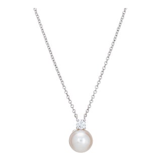 Tiffany & Co Signature 7.5mm Pearl Diamond Necklace Receipt Estate 18k Gold For Sale