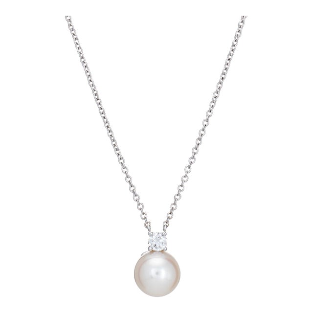 Tiffany & Co Signature 7.5mm Pearl Diamond Necklace Receipt Estate 18k Gold For Sale