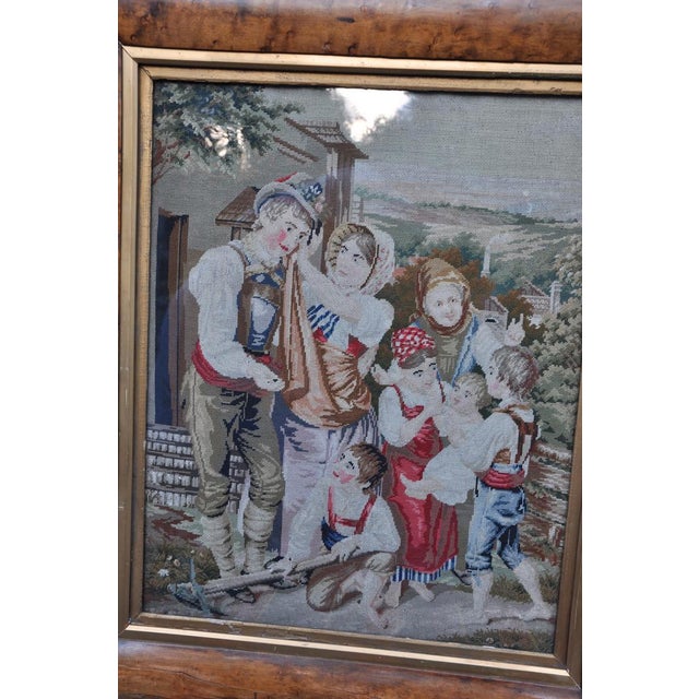 Antique needlepoint tapestry (possibly Dutch). Antique curly maple frame along with an interior gold gesso double filet....