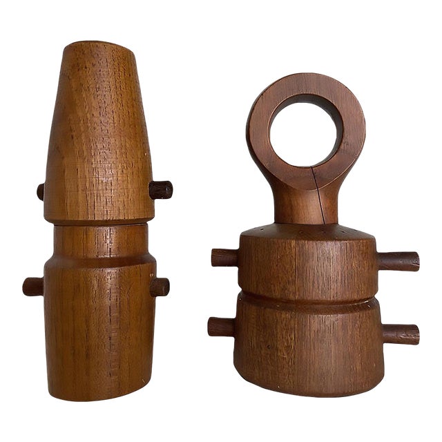 1960s Danish Modern Carved Teak Pepper Grinder Set by Jens Quistgaard For Sale