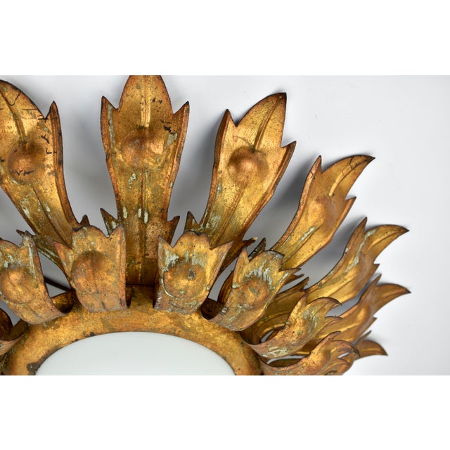 Gold 1950s Mid Century Gilded Spanish Sunburst Flush Mount With Green Patina For Sale - Image 8 of 13