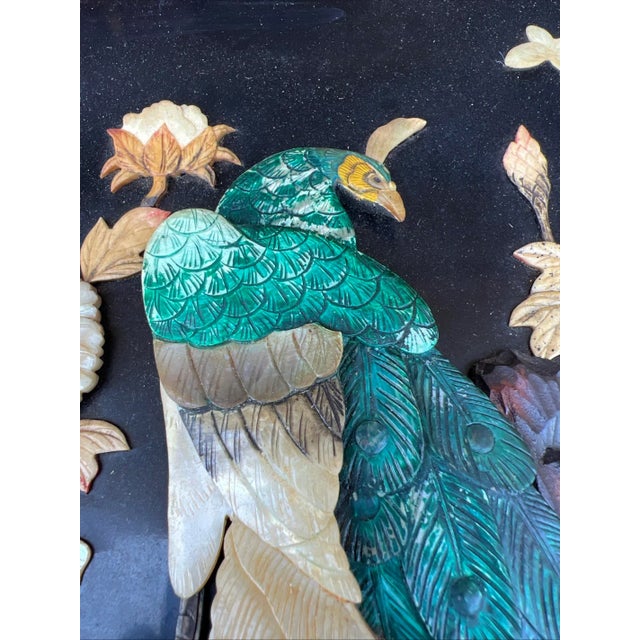 Chinese Vintage Chinese Carved Shell and Lacquer Peacock WallHang Artwork, Circa 1950’s For Sale - Image 3 of 15