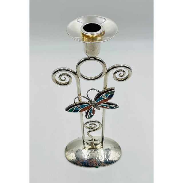 Emilia Castillo 1980s Emilia Castillo Silver-Plated Butterfly Candle Holder With Stone Inlay, Mexican For Sale - Image 4 of 18