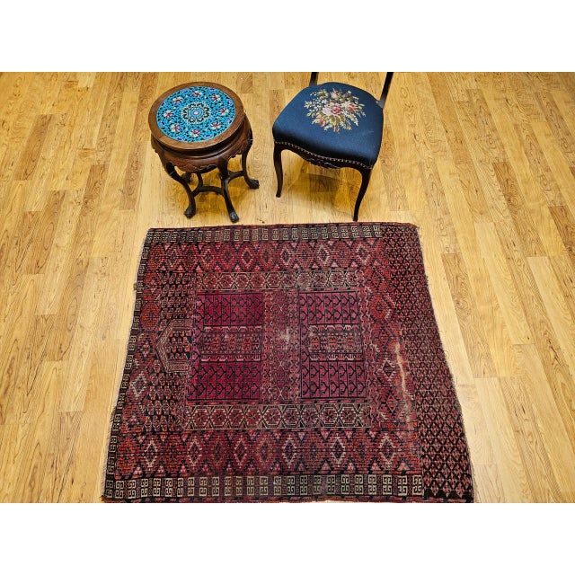 Red Near Square Size Vintage Turkmen Tekke Ensi in Prayer Pattern in Red, Navy, Ivory, Blue For Sale - Image 8 of 16