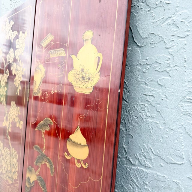 Chinese Six-Panel Red and Gold Lacquered Folding Screen/Room Divider For Sale - Image 9 of 12