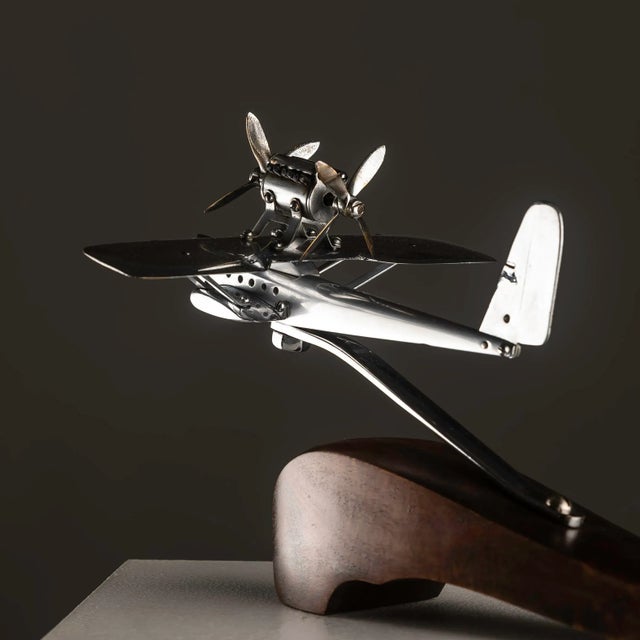 1940s Art Deco Chrome Airplane on Wooden Base, 1940s For Sale - Image 5 of 8