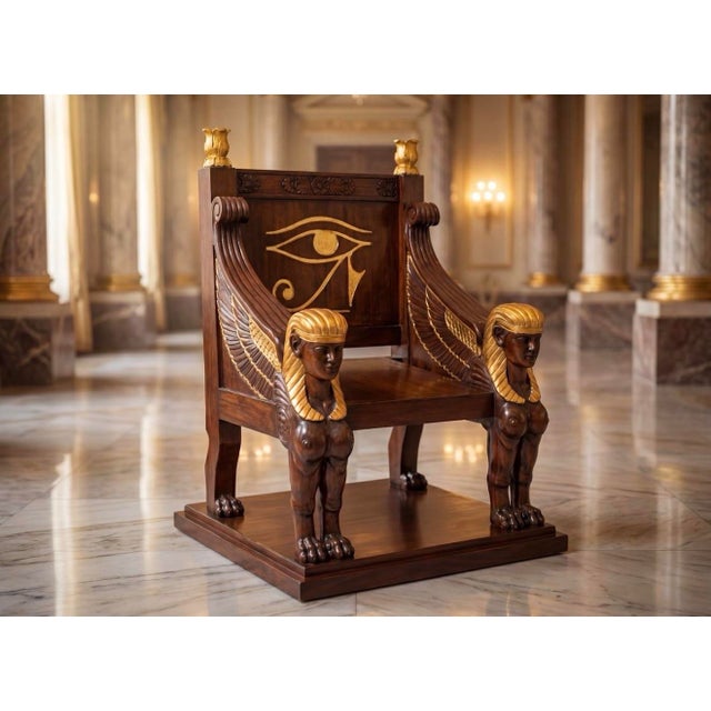 An extraordinary Egyptian Revival throne chair featuring monumental winged sphinx arm supports, an Eye of Horus back...