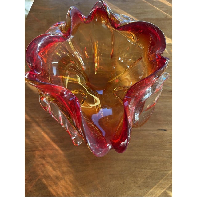 Vintage Murano-Style Hand Blown Art Glass Freeform Red Amber Bowl For Sale - Image 4 of 6