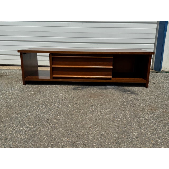Mid-Century Modern Walnut Low Coffee Table/Media Console With Sliding Doors For Sale - Image 12 of 12