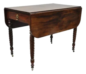 Antique 19th C. Sheraton Mahogany Turn Carved Spiral Leg Drop Leaf Dining Table