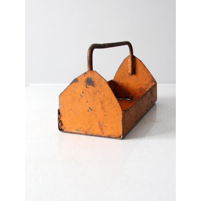 Shabby Chic Vintage Orange Metal Trug Basket Toolbox For Sale - Image 3 of 10