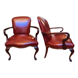 Elevate Your Executive Office With This Stunning Pair of Leathercraft Georgian Mahogany Armchairs For Sale