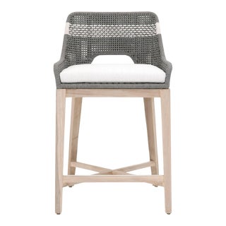 Tapestry Grey Teak Outdoor Counter Stool, White Speckle Stripe & Dove Rope For Sale