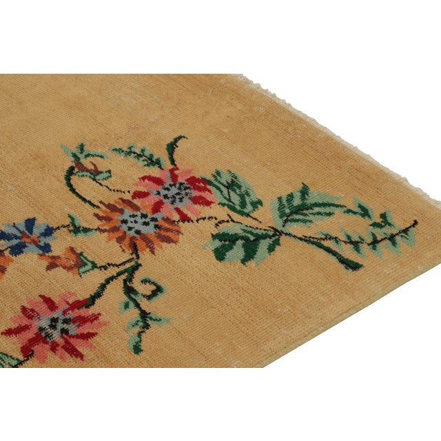 1960s 1960s Vintage Distressed Art Deco Rug in Golden-Brown With Colorful Floral For Sale - Image 5 of 8
