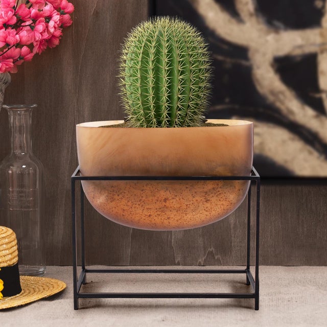 Contemporary Bronze Euler Wide Mouth Vase with Black Iron Stand- Short For Sale - Image 3 of 11