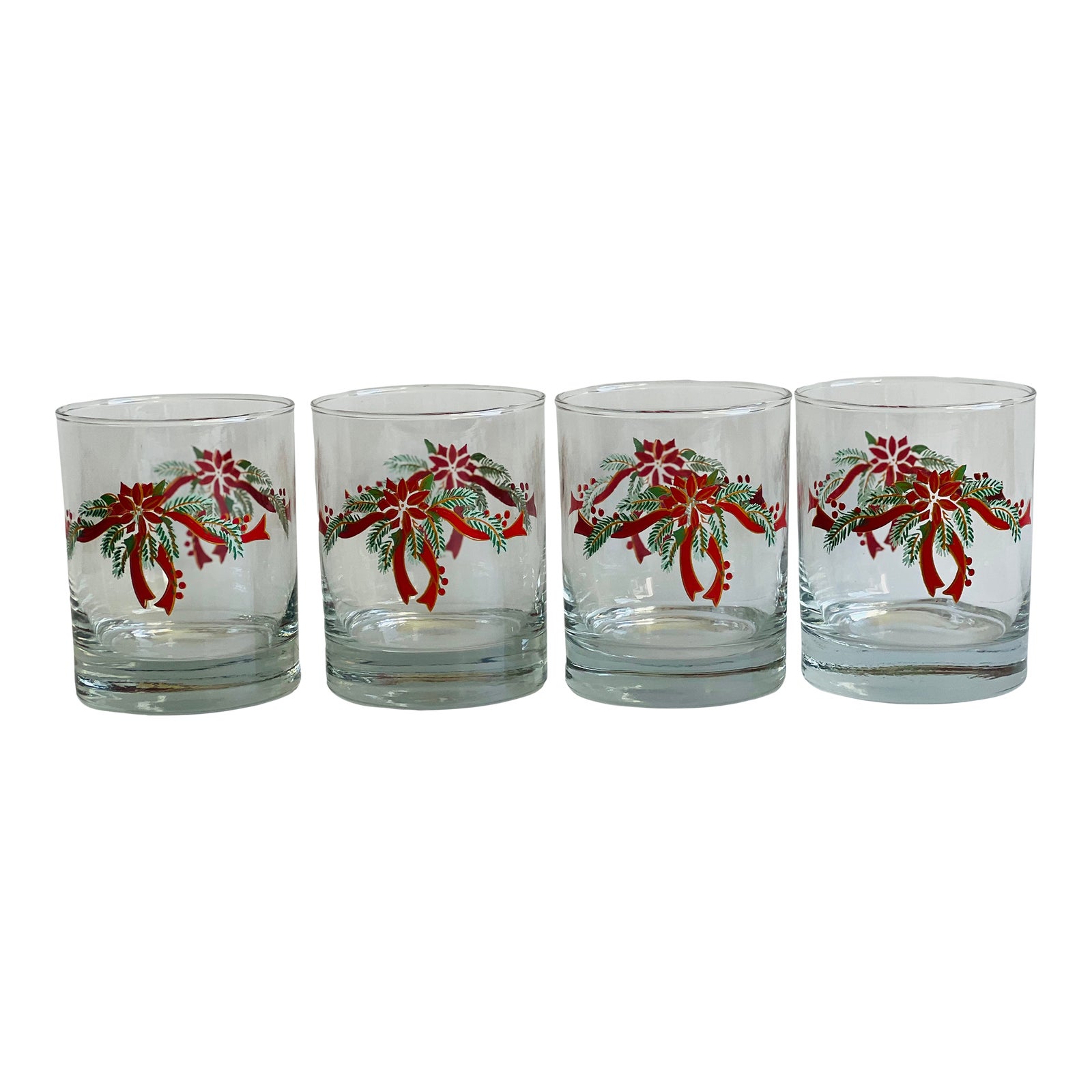 1980s Vintage Holiday Double Old Fashioned Cocktail Glasses Poinsettia