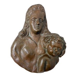 Antique A. Wallrae Thick Heavy Cast Bronze Religious Baby Jesus Mary Wall Plaque For Sale