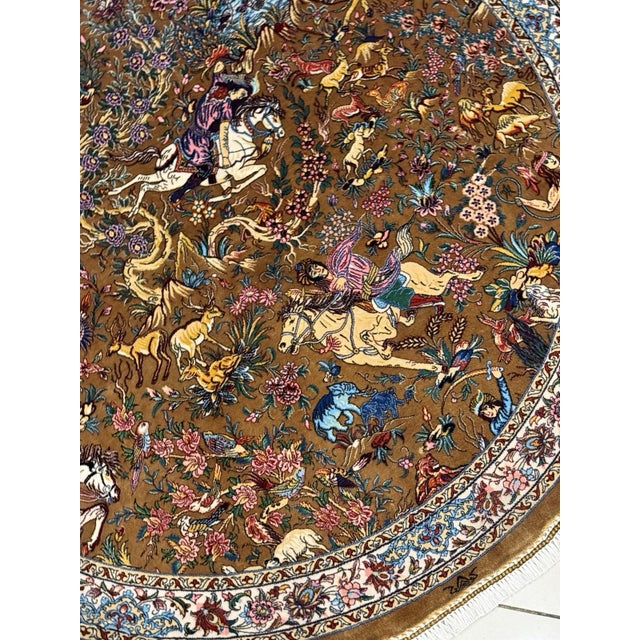 Persian Exquisite Silk Round Rug With Imperial Hunting Scene Carpet For Sale - Image 3 of 18