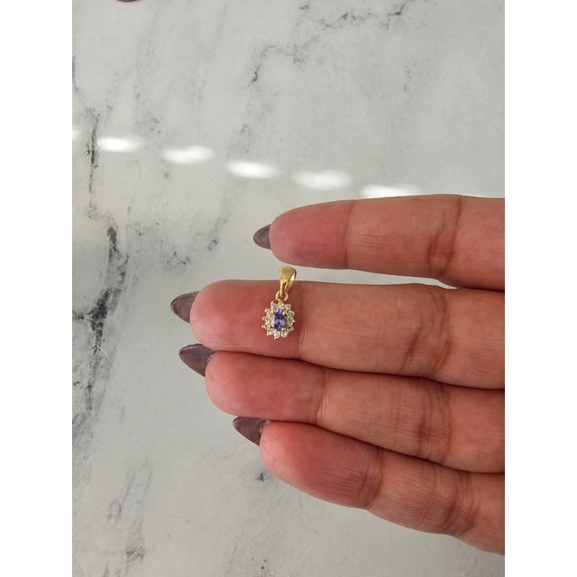 Contemporary Tanzanite Diamond Halo Necklace 14k Yellow Gold 16" For Sale - Image 3 of 4